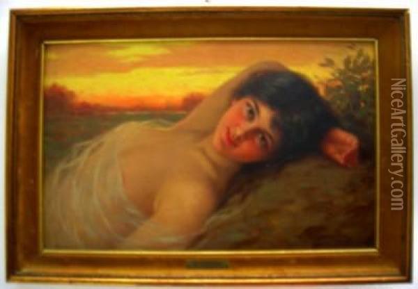 ''donna Succinta Nel Prato'' Oil Painting - Giovanni Caldana
