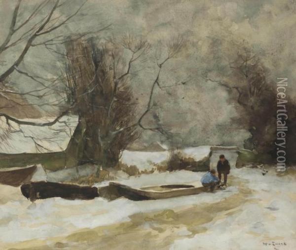 Figures On A Frozen Canal Oil Painting - Willem de Zwart