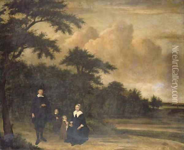 A group portrait of a gentleman and a lady with their children in an extensive wooded landscape Oil Painting - Philips Koninck