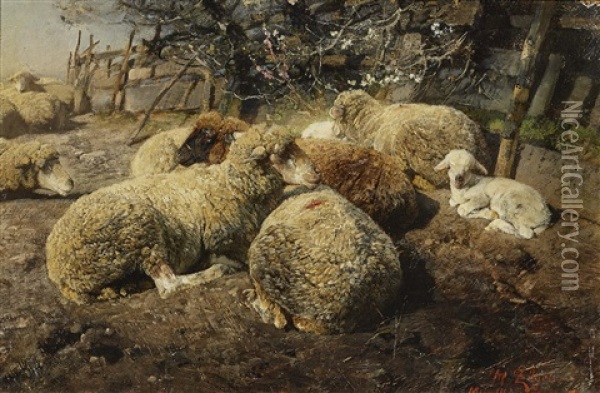 Sheep Herd Scene Oil Painting - Heinrich von Zuegel