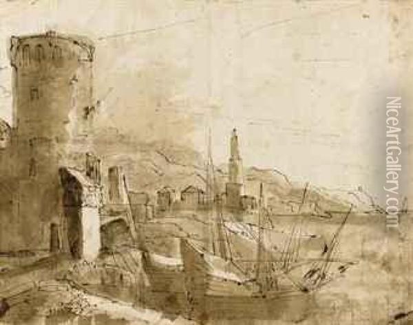 View Of A Harbour With A Tower Oil Painting - Theodoro Filippo Di Liagno