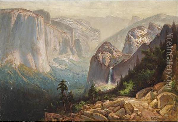 Yosemite Valley With Bridal Veil Falls And El Capitan In The Foreground And Half Dome In The Distance Oil Painting - Harry Cassie Best