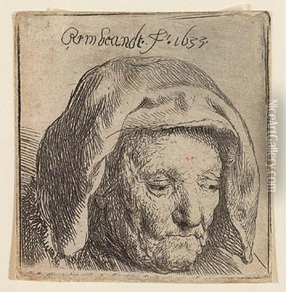 The Artist's Mother In A Cloth Headress, Looking Down<</b> Oil Painting - Rembrandt Van Rijn