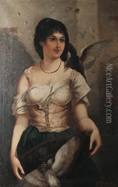 Gypsy Girl With Pigeons; Gypsy Girl Withgrapes Oil Painting - Anton Brentano