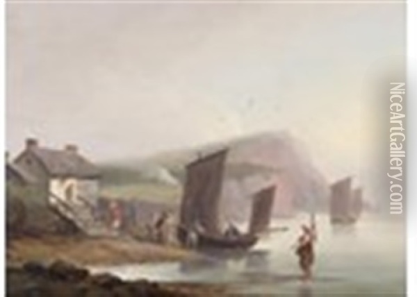 Fishing Boats And Figures By A Cottage On The Coast Oil Painting - Thomas Luny