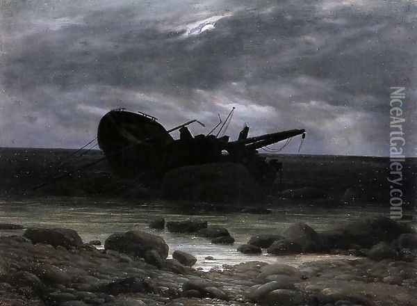 Wreck in the Moonlight c. 1835 Oil Painting - Caspar David Friedrich