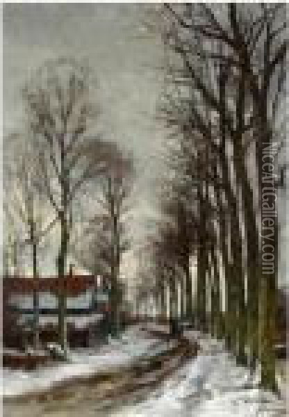 Figures On A Country Lane In Winter Oil Painting - Jan Hillebrand Wijsmuller