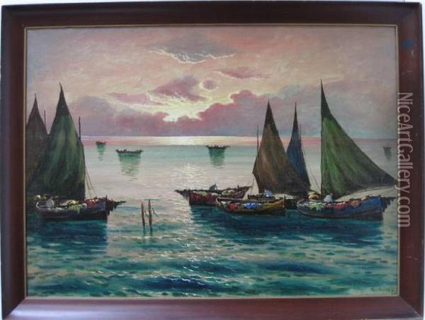 Sailboats At Sunset Oil Painting - Giuseppe Ricci