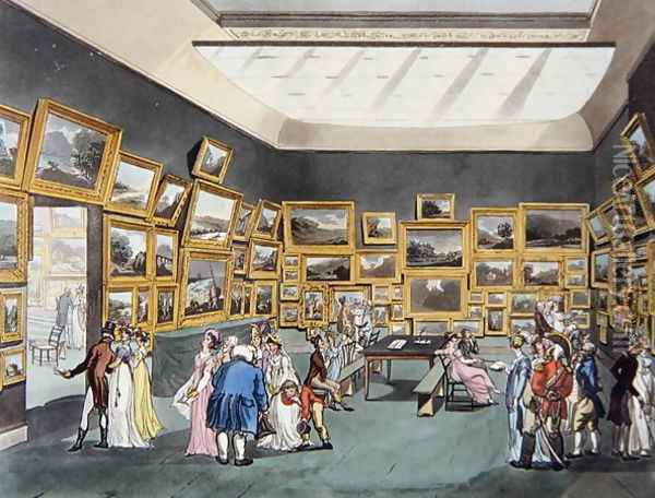 Exhibition of Water Coloured Drawings, Old Bond Street, plate 34, from Ackermanns Microcosm of London, or, London in Miniature, published by Rudolph Ackermann 1764-1834 engraved by Joseph Constantine Stadler fl.1780-1812 1808 Oil Painting - T. Rowlandson & A.C. Pugin