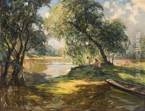 Badende Madchen An Einem See Oil Painting - Wilhelm Hempfing