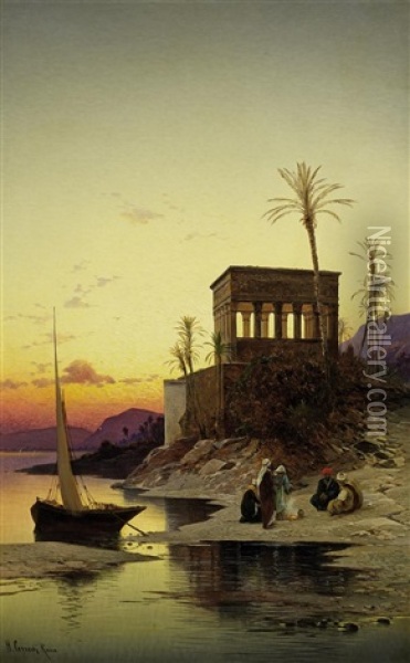 Abend Am Nil - Der Kiosk Des Trajan, Philae Am Nil Oil Painting - Hermann David Salomon Corrodi