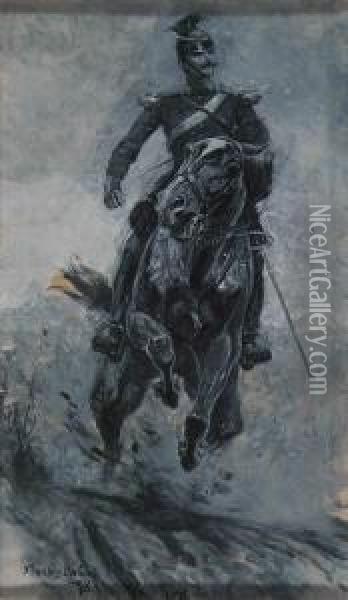 Military Officer On Horse Charging Towards Viewer. Oil Painting - Stanley L. Wood