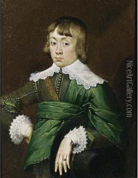 A Portrait Of A Young Gentleman,
 Said To Be Georg Philipp, Freiherr Von Meisselen, Standing Half Length,
 Wearing A Grey-green Coat With A Green Sash, White Lace Collar And 
Cuffs Oil Painting - Wolfgang Heimbach