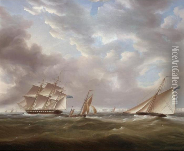 An Armed Frigate And Other Shipping Off Dover Oil Painting - Thomas Buttersworth
