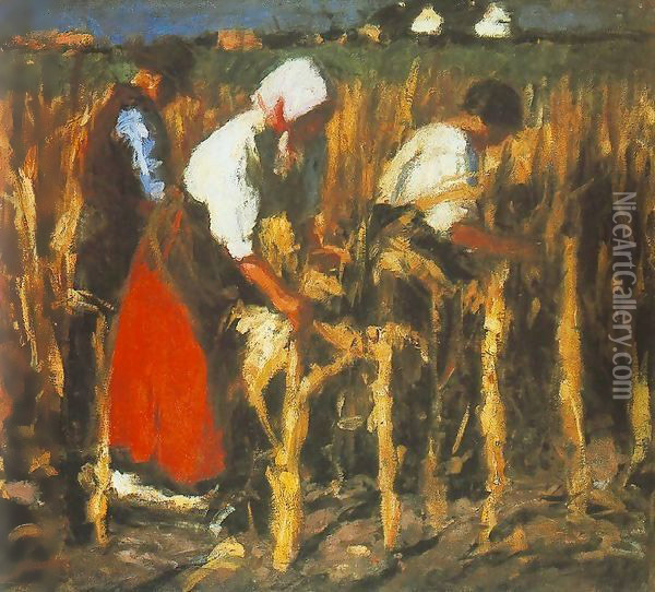 Corn Huskers 1917 Oil Painting - Jeno Remsey