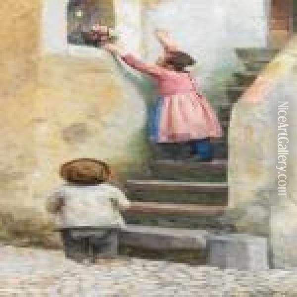 Two Italian Children Placing Flowers In A Niche By A Staircase Oil Painting - Cilius Andersen