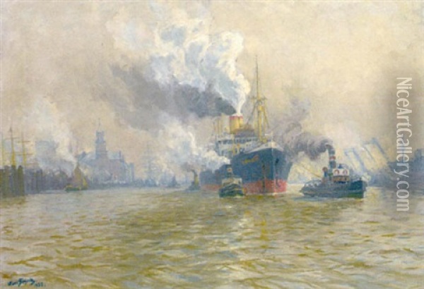 Hamburger Hafen Oil Painting - Hans (Johannes) Bohrdt