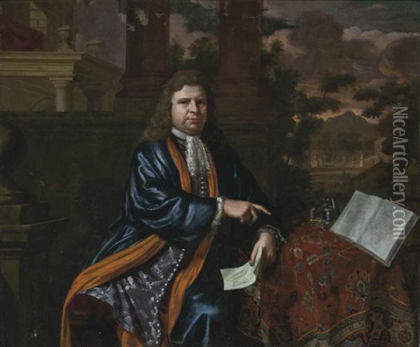 Portrait Of A Gentleman, Seated, Three-quarter-length, In An Embroidered Waistcoat And A Blue Coat, By A Draped Table, A Plan In His Left Hand, In A Classical Courtyard, A Landscape Beyond Oil Painting - Constantyn Netscher