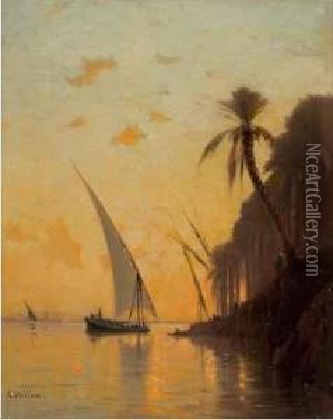 Dau Am Ufer Des Nils Bei Sonnenuntergang Oil Painting - Auguste Louis Veillon