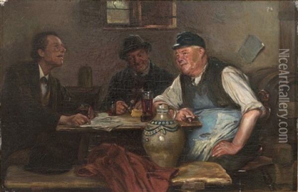 Drei Herren Im Weinkeller Diskutieren Oil Painting - Julius Schrag