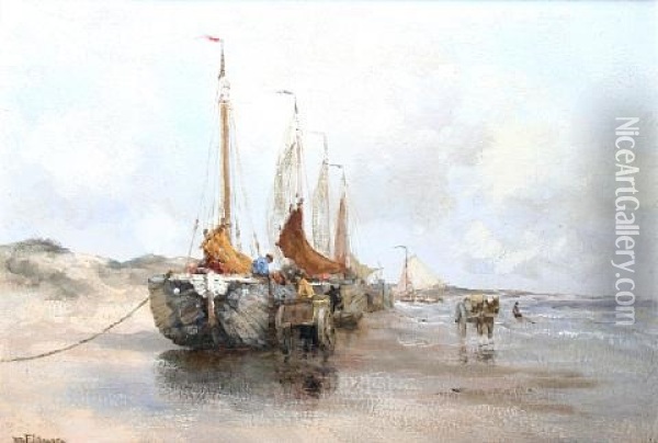 Fishing Boats On The Beach Oil Painting - Willem George Frederik Jansen