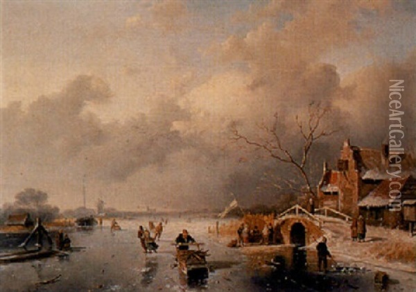 A Winter Landscape With Skaters And A Koek En Zopie Oil Painting - Jan Evert Morel the Younger
