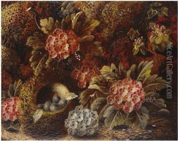 Still Life Of Bird's Nest And 
Flowers; Still Life With Fruit, Both Signed, Oil On Board, Each 17 X 
21.5 Cm.; 6 3/4 X 8 1/2 In Oil Painting - Oliver Clare