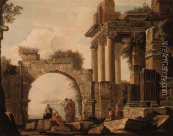 Philosophers Disputing Amongst Classical Ruins Oil Painting - Giovanni Paolo Panini