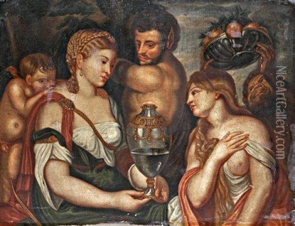 Psyche And Venus With Amor And The Satyrs Oil Painting - Alessandro Varotari