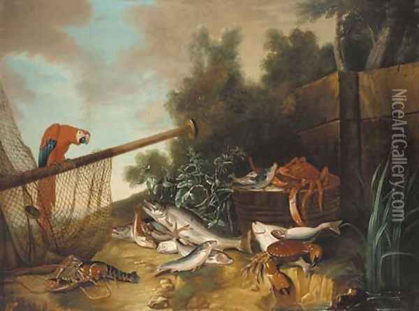 A barrel with a spider crab and fish Oil Painting - Jean-Baptiste Oudry