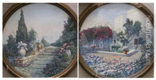 Vues De Jardins (pair) Oil Painting - Alphonse Rey