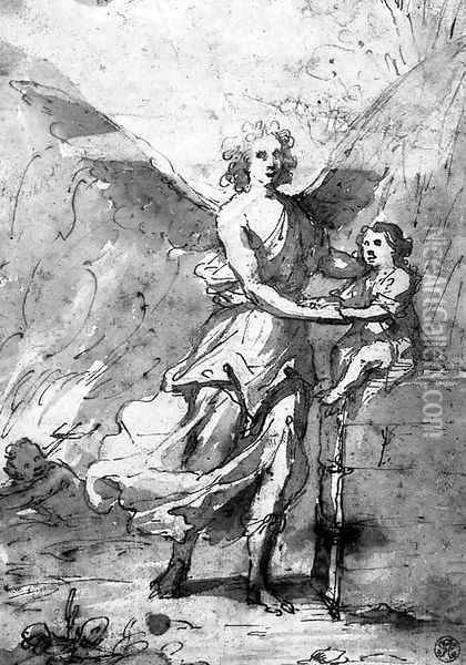 A guardian angel protecting a small boy, a devil in the background Oil Painting - Spanish School