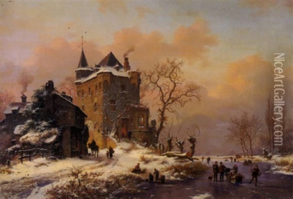 A Winter Landscape With Figures Skating And Others On A Path By A Castle Oil Painting - Frederik Marinus Kruseman