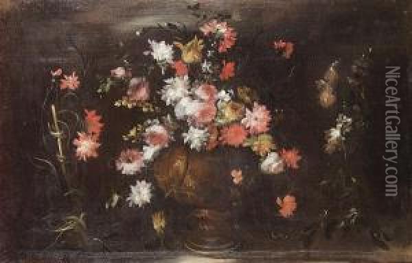Tulips, Roses, Chrysanthemums And Other Flowers In A Bronze Urn Oil Painting - Elisabetta Marchioni Active Rovigo