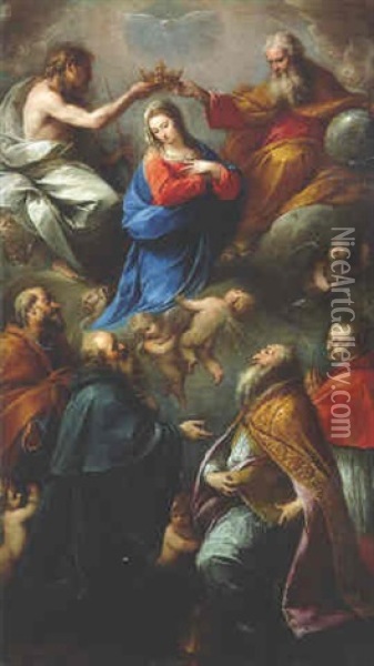 The Coronation Of The Virgin With Saints Peter, Paul, Ambrose And Charles Borromeo Oil Painting - Carlo Francesco Nuvolone