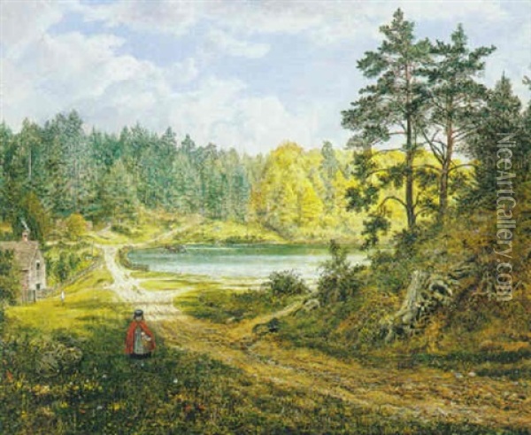 The Path To The Woods (+ Playing At The Roadside; Pair) Oil Painting - George William Mote