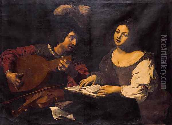 A Musician Playing a Lute to a Singing Girl 1621-22 Oil Painting - Niccolo Renieri (see Regnier, Nicolas)