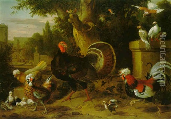 Cockerels, Hens, A Turkey And Other Birds In An Ornamental Garden Setting Oil Painting - Jakob Bogdani