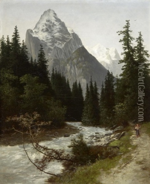 Wandernder Knabe An Einem Bach Im Gebirge Oil Painting - Jakob Lorenz Ruedisuehli