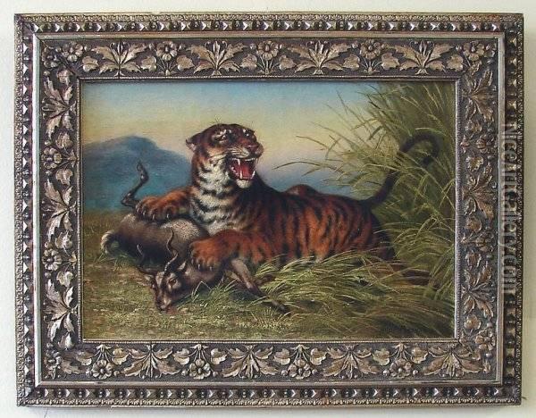 African Landscape With Tiger And Kudu Oil Painting - Hugo A. Possner