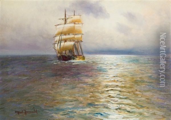 Bark In Abendlich Ruhiger See Oil Painting - Alfred Serenius Jensen