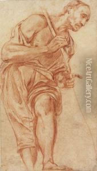 Study Of A Standing Man, Holding A Staff, Seen From Below Oil Painting - Carlo Vimercati