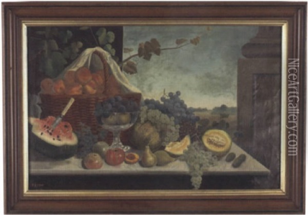 Still Life Of Table Laden With Fruit, Basket And Compote With Landscape Background Oil Painting - Charles Harry Eaton