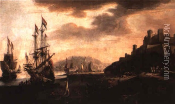 A Dutch Merchant Flute And Other Vessels Anchored Off A Rocky Cove Oil Painting - Adriaen Van Der Cabel