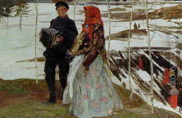 Couple In A Winter Landscape Oil Painting - Mikhail Filippovich Ivanov