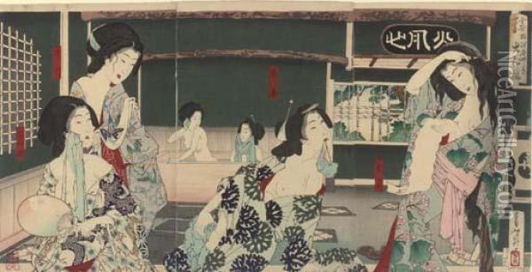 Zensei Shiki Natsu Nezu Hanayashiki Daishoro (summer: Women Bathing At The Daishoro) Oil Painting - Tsukioka Kinzaburo Yoshitoshi