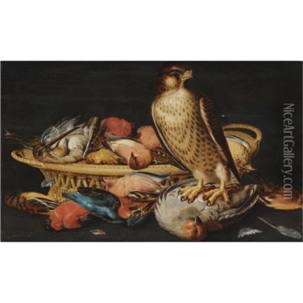 A Still Life With A Live Hawk Perched On A Dead Partridge, A Kingfisher, Finches And Other Dead Game In A Woven Basket Oil Painting - Nicolaes Cave