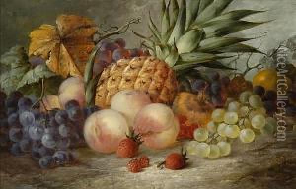 A Still Life Of A Pineapple And Other Fruit On A Stone Ledge Oil Painting - Edwin Steele