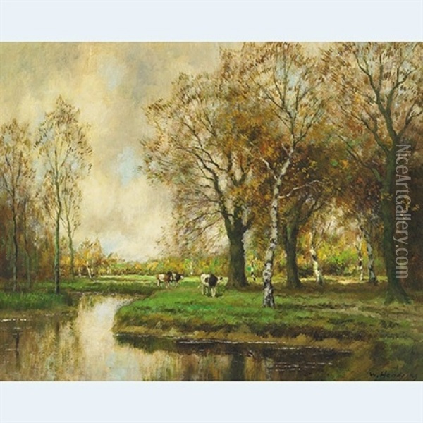 Cattle In Wooden River Landscape, Autumn Oil Painting - Willem Hendriks
