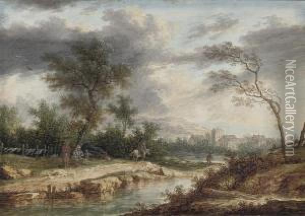 A River Landscape With Travellers By A Campfire, A Village Beyond Oil Painting - Henri Joseph Van Blarenberghe